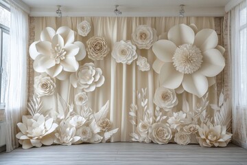 A large white wall covered in paper flowers, creating a serene