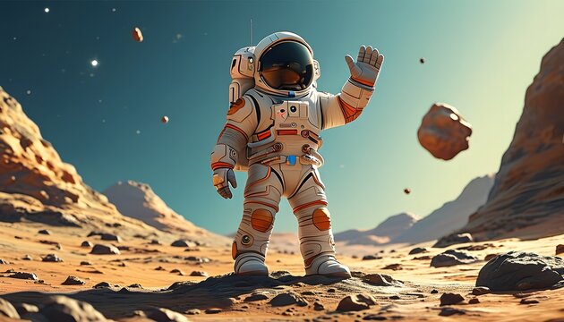 Cartoon astronaut waving while standing on a small asteroid in space.