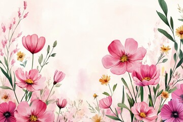 Fototapeta premium A watercolor painting of a field of flowers with a pink background