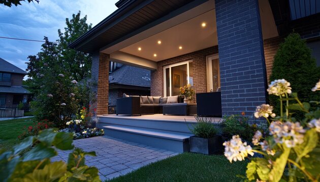 Contemporary Front Porch of a Suburban Home, with sleek outdoor furniture and recessed lighting creating a stylish yet comfortable outdoor space.