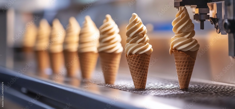 Poster a row of freshly made soft-serve ice cream cones on a production line.