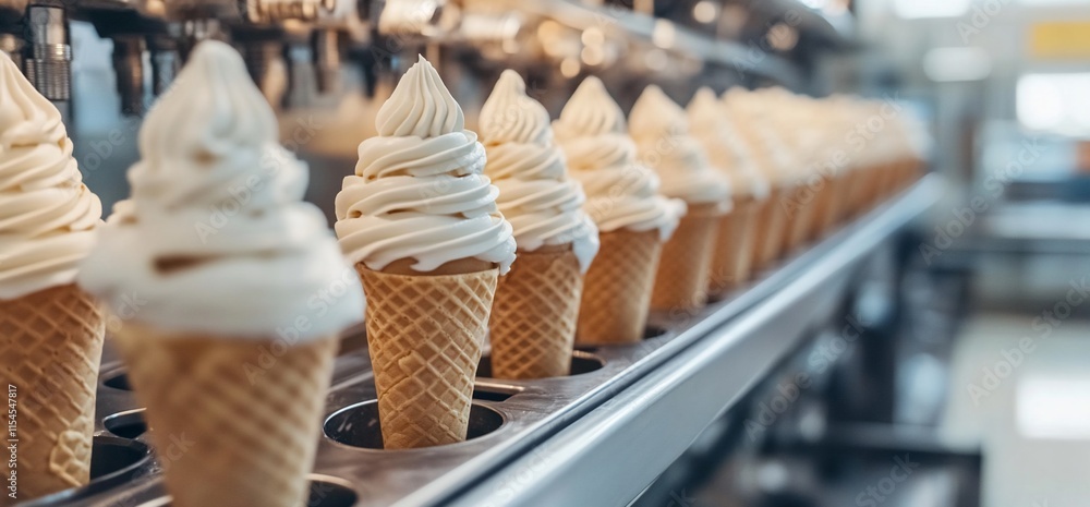 Aufkleber a row of ice cream cones with soft-serve ice cream ready for serving.