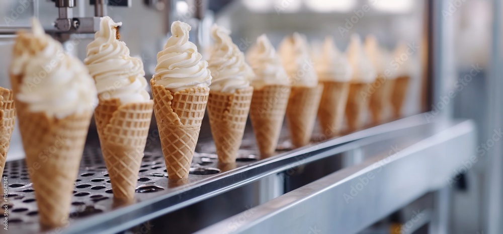 Poster a row of ice cream cones filled with soft serve, ready for serving.
