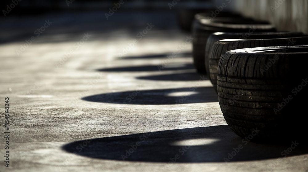 Poster a row of tires casting shadows on a smooth surface, suggesting motion and speed.