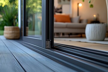 Close-up of an aluminum frame sliding patio door, showcasing the robust and sleek construction of the door system.