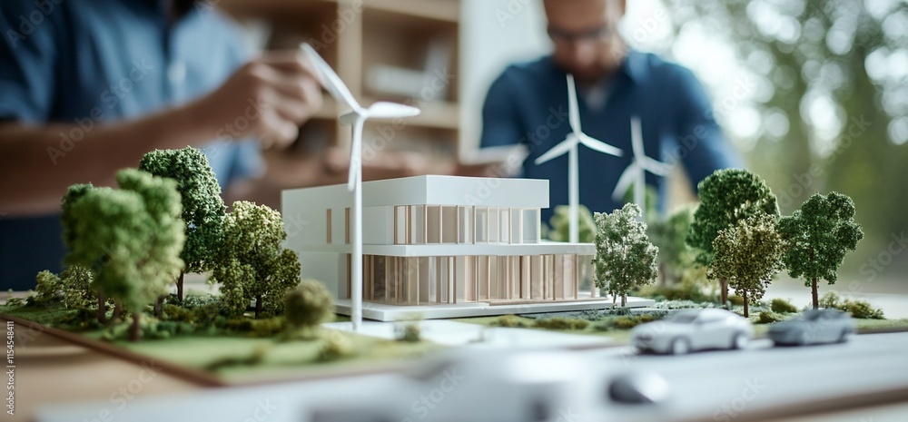 Poster a scale model of a modern building with greenery and wind turbines displayed.
