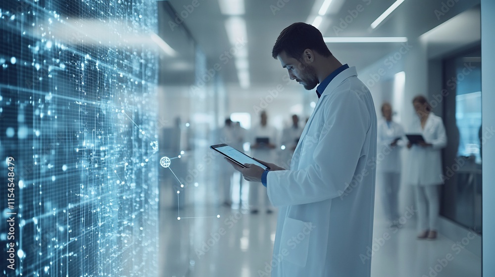 Aufkleber a scientist analyzes data on a tablet in a modern lab environment.