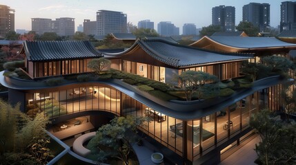 Obraz premium A modern architectural design featuring elegant curves and traditional elements in an urban setting.