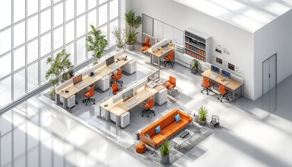Commercial office space interior design, 3D isometric rendering with sleek, modern workspaces.