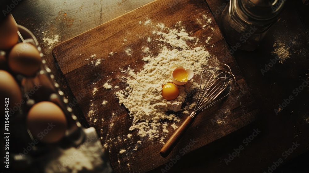 Poster wooden board with scattered flour and cracked egg creating a rustic cooking atmosphere in a cozy kit