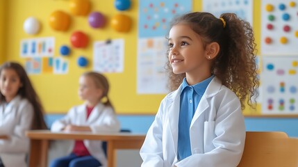 Fototapeta premium Girl in lab coat in classroom, attentive.