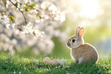 Fototapeta premium A Captivating and Charming Easter Scene Featuring a Playful Bunny Surrounded by Beautiful, Colorful Eggs Nestled Among Blooming and Blossoming Flowers in a Bright, Cheerful Atmosphere