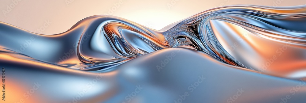 Poster intricate abstract 3d design with fluid metallic textures reflecting soft light and vibrant colors. 