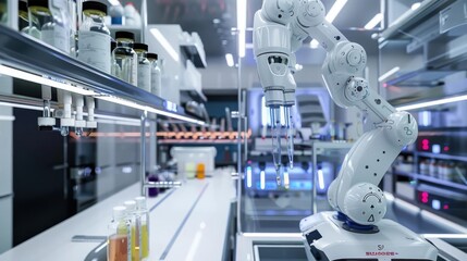 Obraz premium A modern laboratory with a robotic arm conducting experiments among various chemical samples.