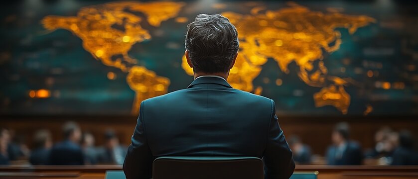 Man in suit facing world map in conference room.