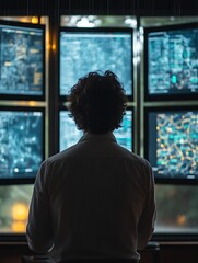 Man observing data on multiple screens.