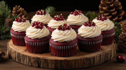 Festive red velvet cupcakes with cream cheese frosting and cranberries. Merry Christmas. Happy New Year