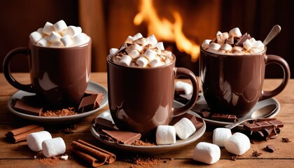 Cozy Hot Chocolate with Marshmallows by the Fireplace