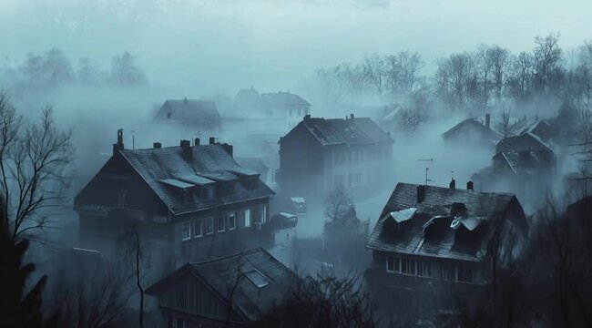 Horror and foggy housing scene, Slow motion camera with different angles