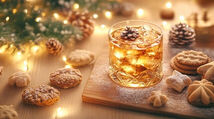 Festive holiday drink with cookies and pinecone decoration. Merry Christmas. Happy New Year