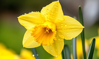 Fototapeta premium Close-up of a vibrant yellow daffodil with dew drops.