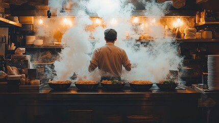 A chef stands in a smoky kitchen, preparing dishes amidst a vibrant culinary atmosphere.