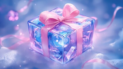 Fototapeta premium Shimmering crystal gift box adorned with pink ribbon on sparkling surface