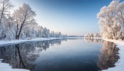 Winter Wonderland: Frozen Trees Reflecting on a Calm River