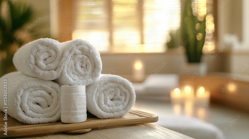 Poster a serene spa setting featuring neatly rolled towels and soft candlelight.