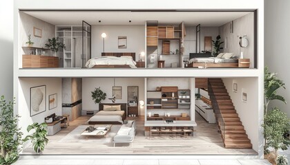 Detailed 3D rendering of the second floor of a residential house, highlighting the staircase, bedrooms, bathrooms, and storage spaces.