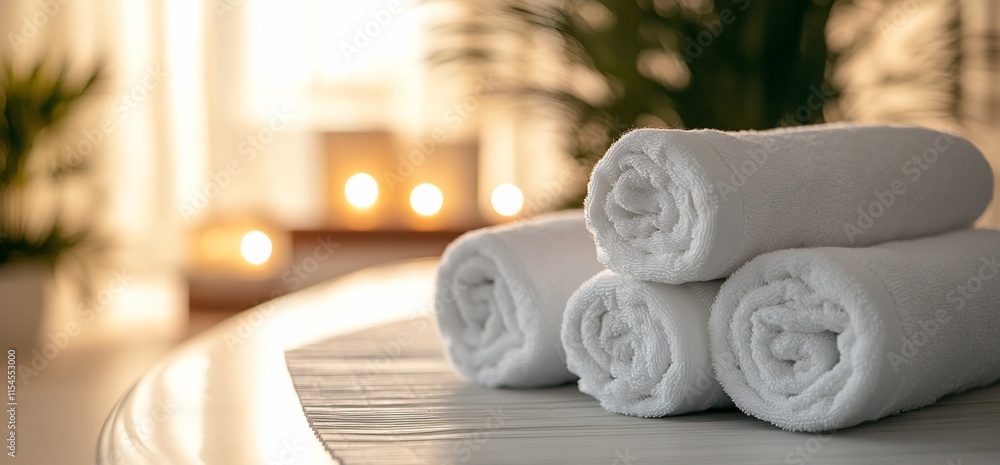 Poster a serene spa setting with neatly rolled white towels and soft candlelight.