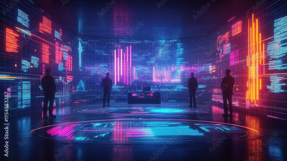 Poster a futuristic control room with vibrant data visualizations and figures.