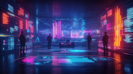 A futuristic control room with vibrant data visualizations and figures.