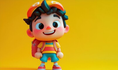 A cheerful cartoon boy with a backpack against a bright yellow background.