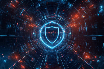 Futuristic Shield with Dynamic Code Lines and Neon Glow on Blue-to-Black Background