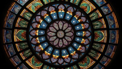 Intricate Circular Stained Glass Dome Colorful Jewel Tones Gothic Design