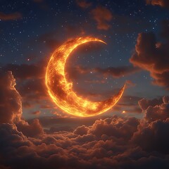 Fiery crescent moon in a cloudy night sky.