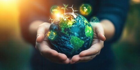 A person holding a glowing Earth with green plants and energy symbols, symbolizing sustainability.