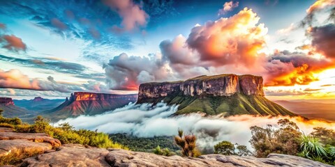 Roraima's sunset paints Venezuelan clouds, a tilt-shift panorama capturing the tepui's majestic landscape.
