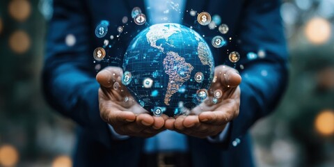 Fototapeta premium A person holds a digital globe, symbolizing global connectivity and technology.