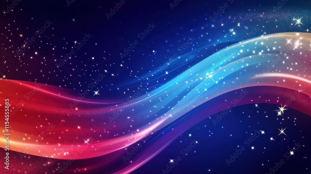 Poster flowing fabric texture of the american flag in a cosmic background with stars and vibrant colors enh