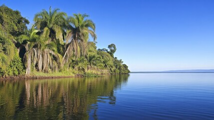 Obraz premium Serene Tropical Landscape with Lush Green Vegetation and Calm Waters