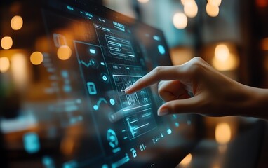 Digital banking interface with a person displaying financial technology icons, online payment systems, and currency symbols, vibrant ecommerce concept, ultrarealistic design