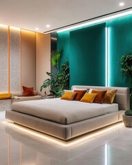 Levanto bedroom with emerald walls and cobalt decor