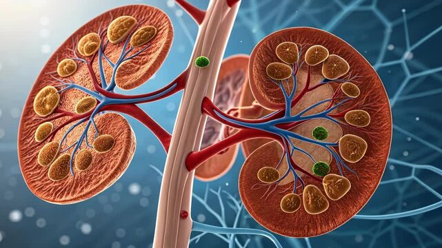 Cortisol Release A close image of adrenal glands illustrating the secretion of a stress hormone that influences glucose production in the liver.