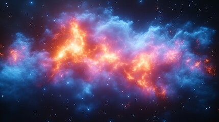 Naklejka premium Fiery nebula in space with blue and orange clouds.