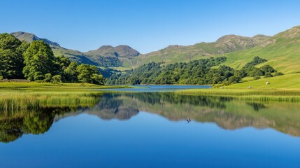 Serene Landscape Reflection Over Calm Waters in a Mountainous Region