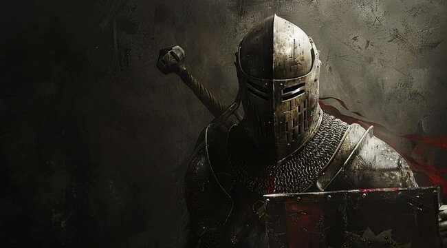 Scene of a templar knight posing fiercely, Slow motion camera with different angles