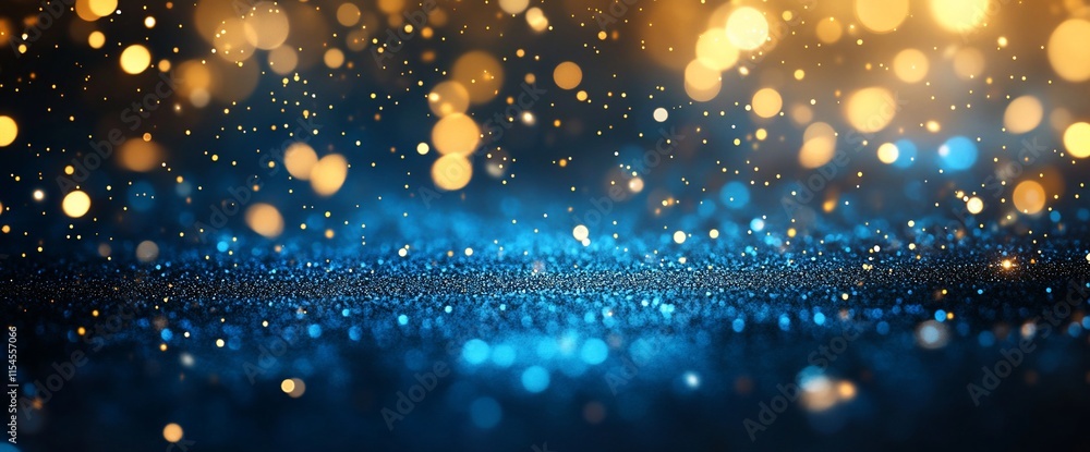 Poster a shimmering blue and gold bokeh background creating a festive atmosphere.