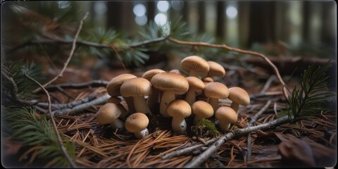 Group of Small Mushrooms Growing Among Pine Needles in Forest